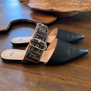 Fendi Black Zucca FF Logo Leather Mules
